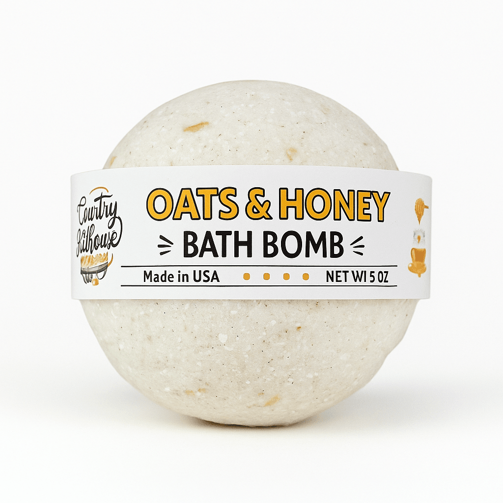 Close-up of Oats & Honey Bath Bomb against a white background with clear label, showing ecobeaut.com in the corner
