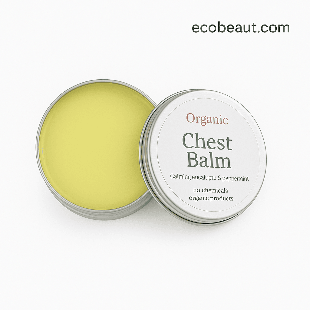 Close-up of Organic Chest Balm with eucalyptus and peppermint – eco-friendly silver tin with smooth yellow balm from ecobeaut.com
