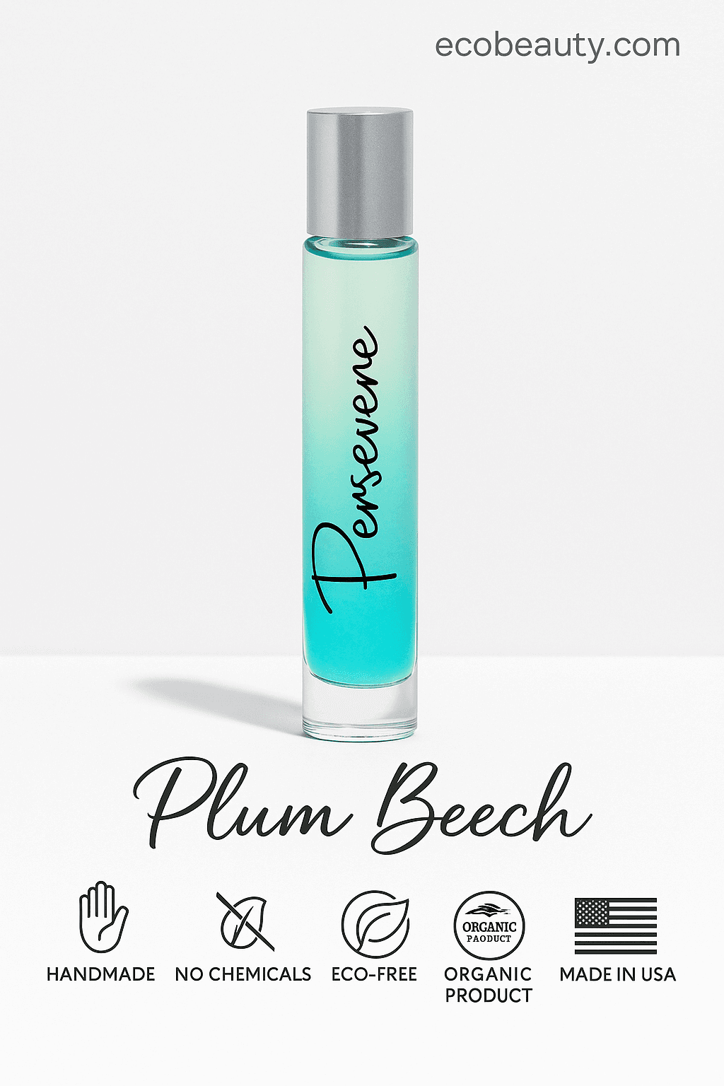 Close-up of Persevere natural perfume by Plum Beech in turquoise gradient bottle with eco icons – Handmade, No Chemicals, Eco-Friendly, Organic Product, Made in USA – ecobeaut.com