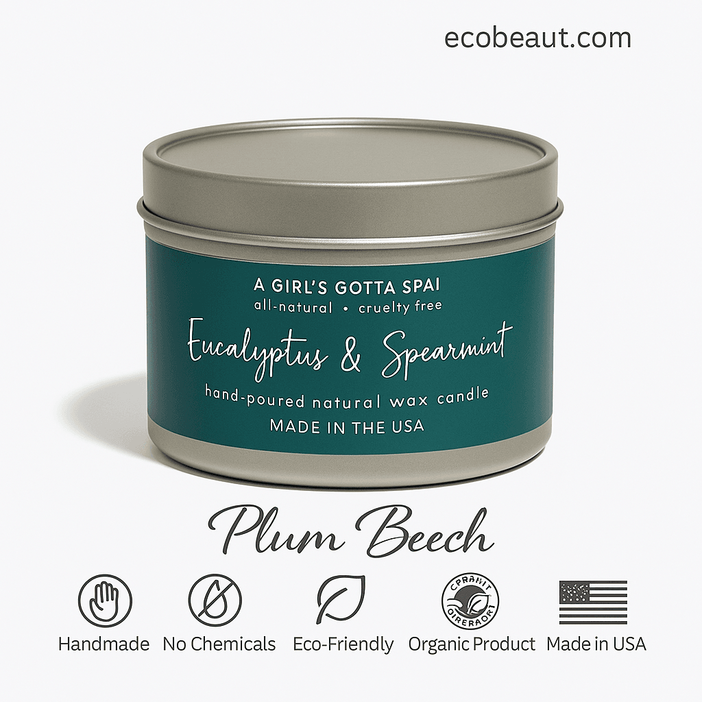 Close-up of Plum Beech Eucalyptus & Spearmint natural soy candle — Organic, Eco-Friendly, Handmade, No Chemicals, Made in USA — clean product photo for ecobeaut.com