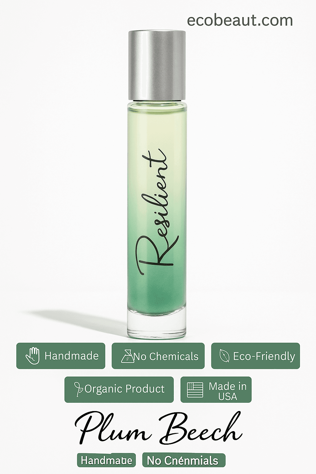 Close-up of Resilient perfume bottle by Plum Beech on white background with icons for Handmade, No Chemicals, Eco-Friendly, Organic Product, Made in USA – ecobeaut.com