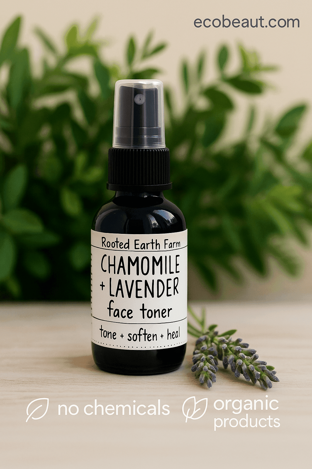 Close-up of Rooted Earth Farm Chamomile + Lavender Face Toner bottle on a neutral wooden surface, with natural label design, fresh lavender nearby, eco-friendly icons 'no chemicals' and 'organic products', and ecobeaut.com in the top right corner