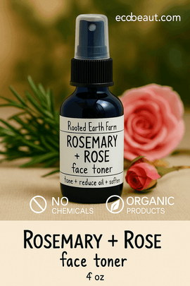 "Close-up of Rooted Earth Farm Rosemary + Rose face toner bottle on a beige background with ecobeaut.com in the top right corner and white icons reading NO CHEMICALS and ORGANIC PRODUCTS at the bottom