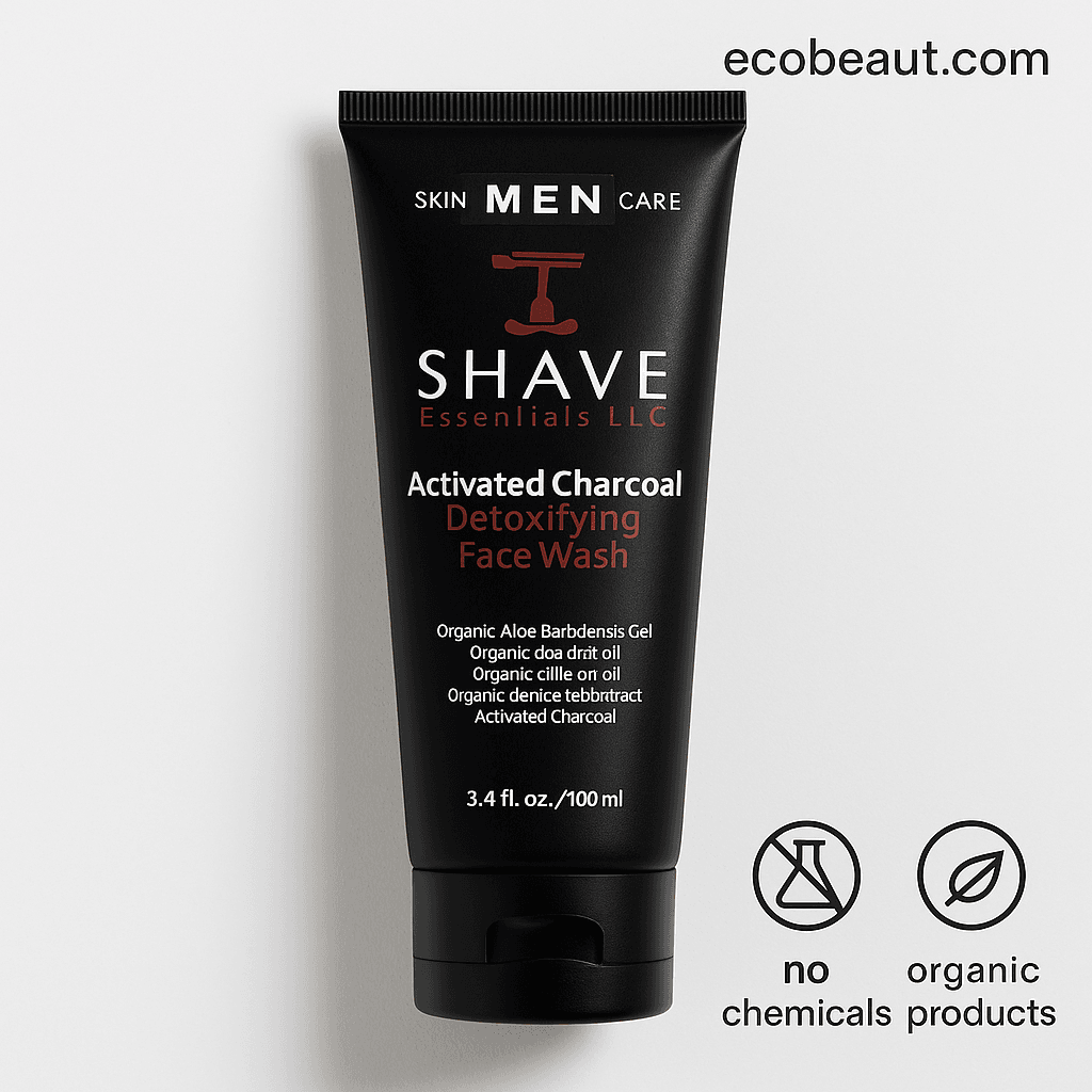 Close-up of SHAVE Essentials Activated Charcoal Face Wash tube on white background with 'no chemicals' and 'organic products' icons and ecobeaut.com branding.