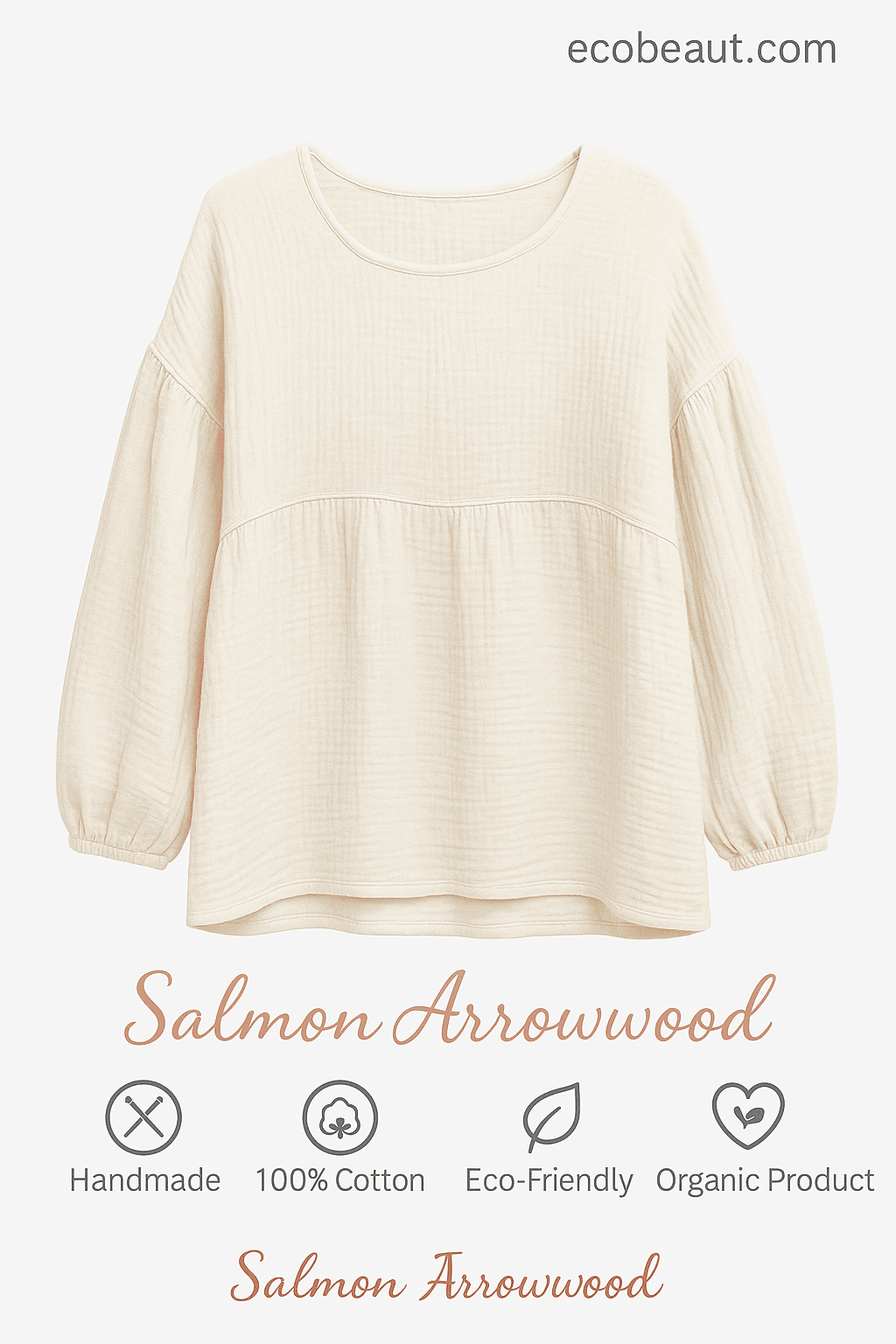 Close-up of Salmon Arrowwood’s organic cotton sweatshirt in natural green color – handmade, 100% cotton, eco-friendly and available at ecobeaut.com