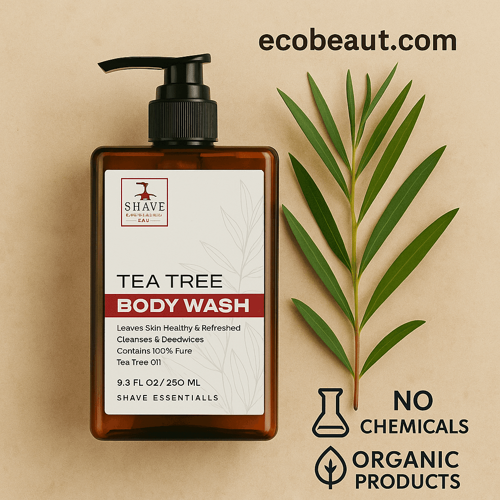 Close-up of Shave Essentials Tea Tree Body Wash bottles with pump dispenser, featuring clean white and amber packaging – ecobeaut.com