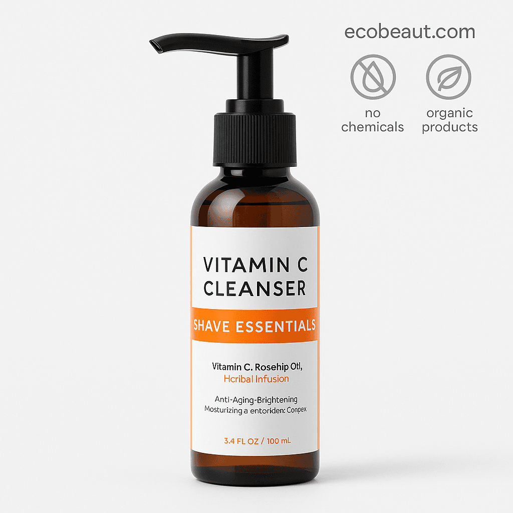 Close-up of Shave Essentials Vitamin C Cleanser bottle on a white background, featuring clean amber packaging, minimal label design, and eco-friendly badges with ecobeaut.com in the top corner.