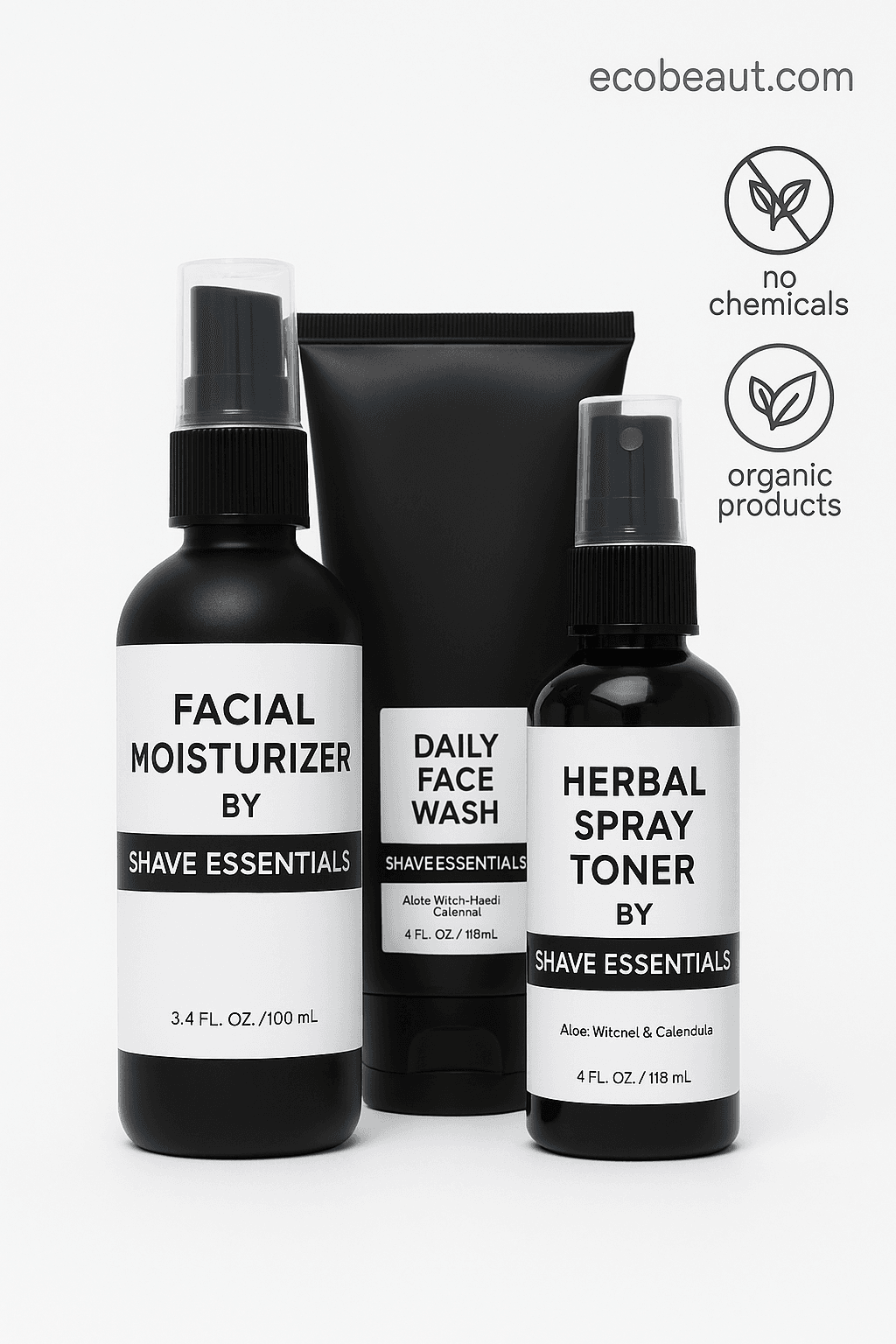 Close-up of Shave Essentials facial skincare trio—moisturizer, face wash, and toner—arranged on a clean white background with ecobeaut.com and eco-friendly product labels in the top-right corner.