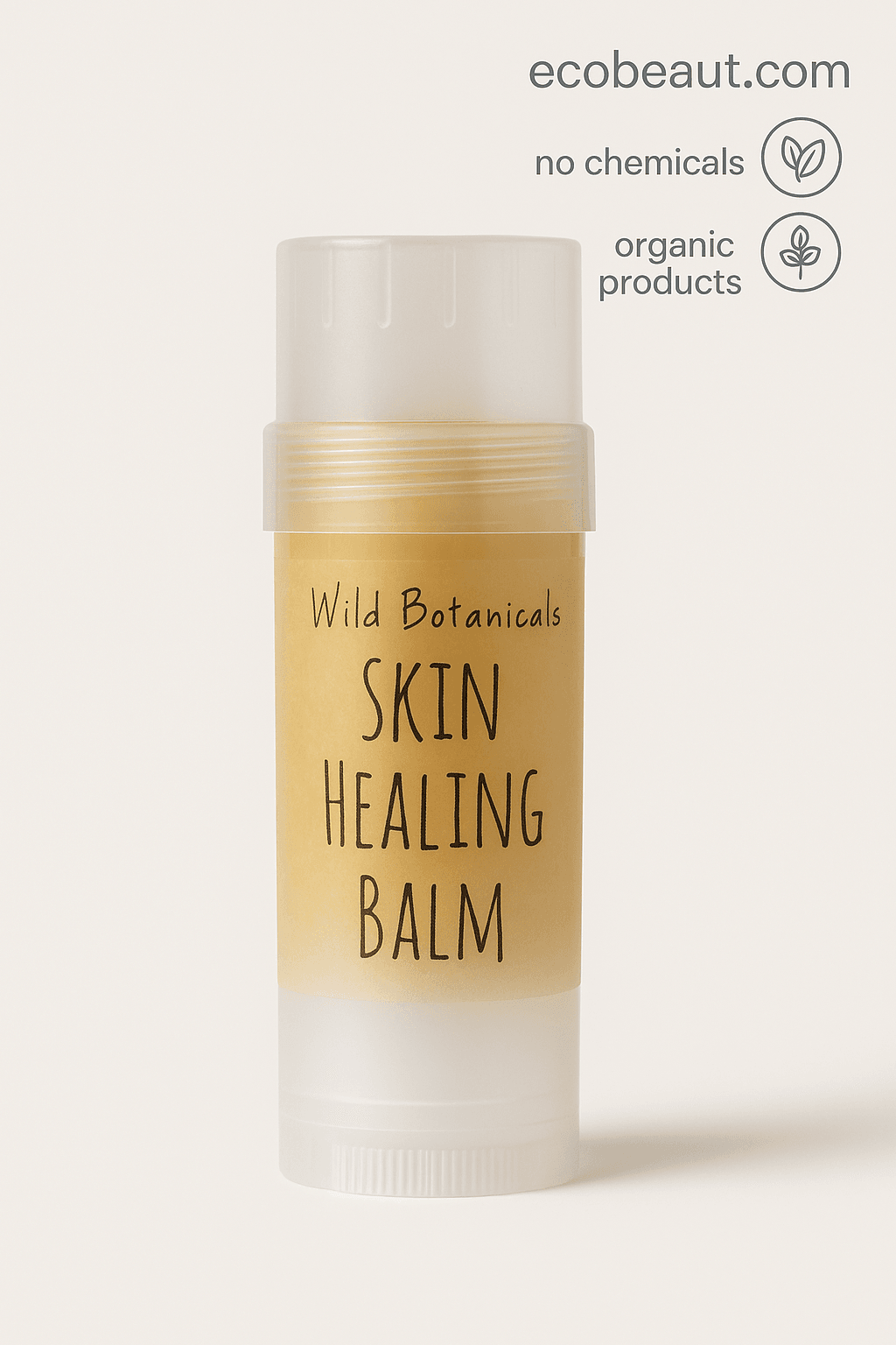 Close-up of Skin Healing Balm by Wild Botanicals in a clear twist-up container, labeled organic and chemical-free, product by ecobeaut.com