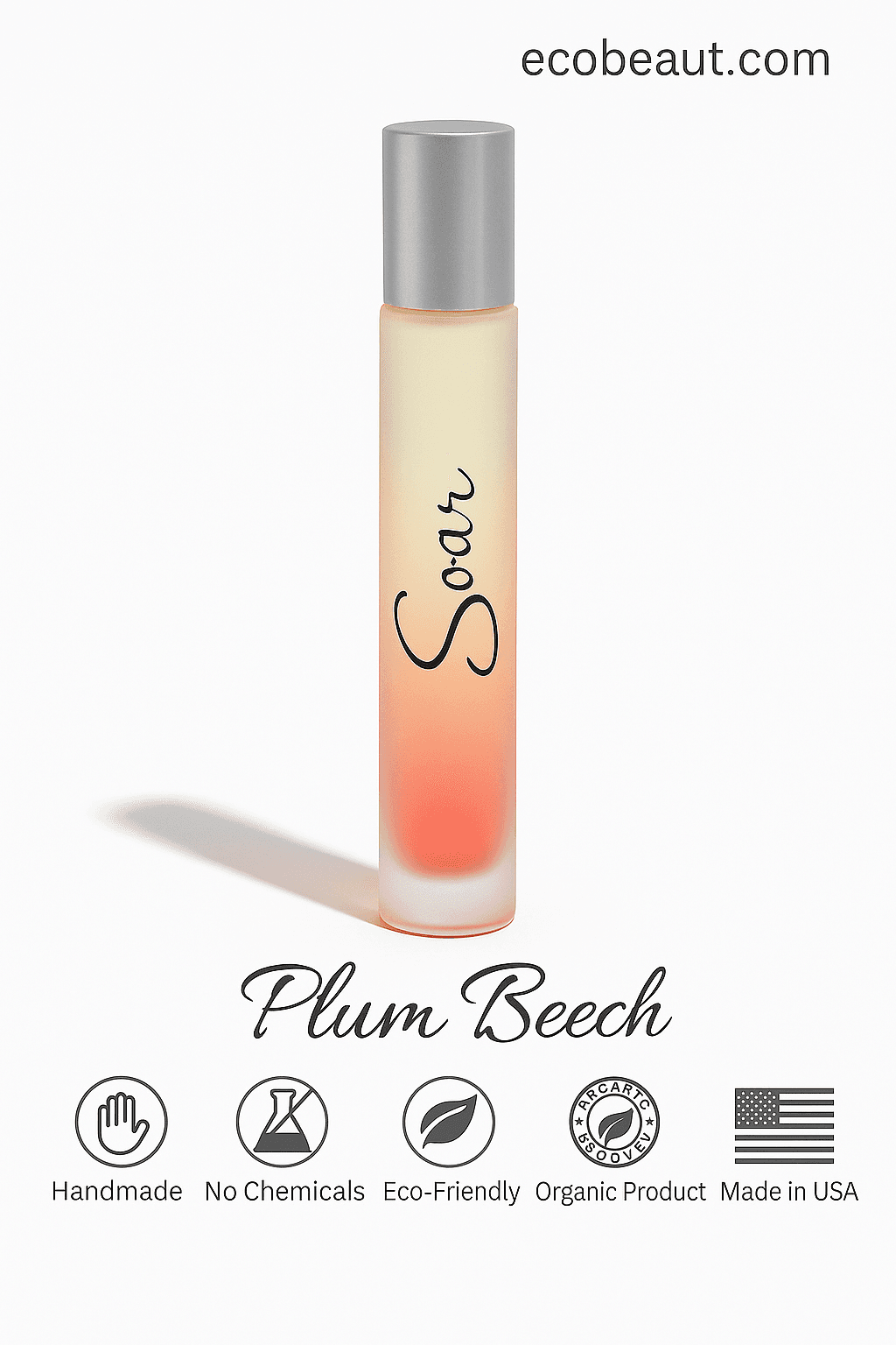 Close-up of Soar perfume bottle by Plum Beech on clean white background with icons – Handmade, No Chemicals, Eco-Friendly, Organic Product, Made in USA – ecobeaut.com
