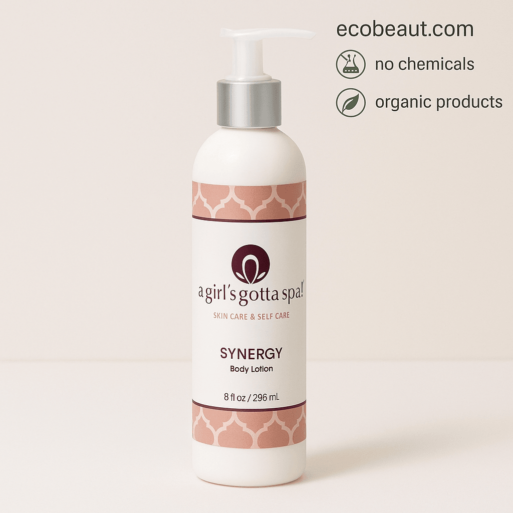 Close-up of Synergy Body Lotion in white bottle with rose-gold label – organic and chemical-free skincare product by A Girl’s Gotta Spa!, ecobeaut.com