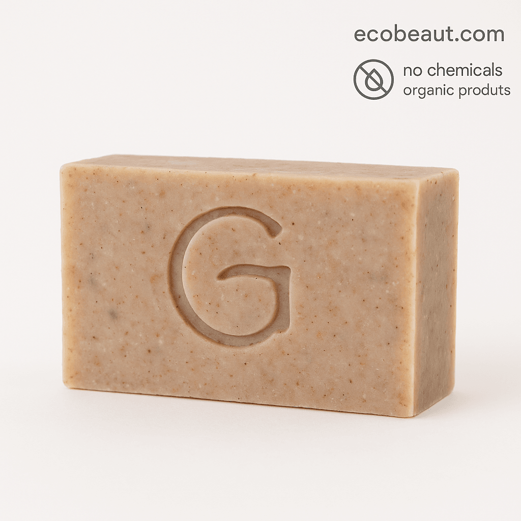 Close-up of Three Kings bar soap with natural speckled texture and G logo – eco-friendly organic soap for sensitive skin – ecobeaut.com, no chemicals, organic products