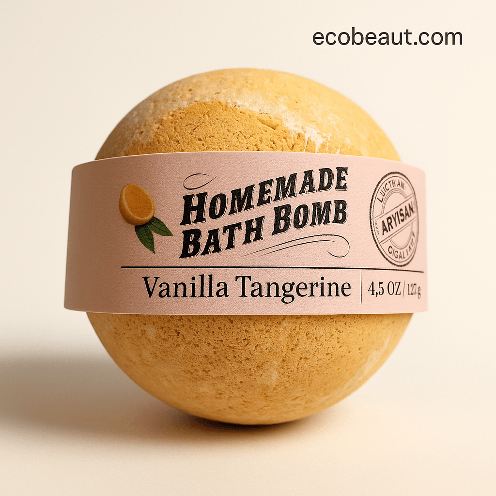 Close-up of Vanilla Tangerine homemade bath bomb with artisan label on beige background – handcrafted citrus bath bomb by ecobeaut.com