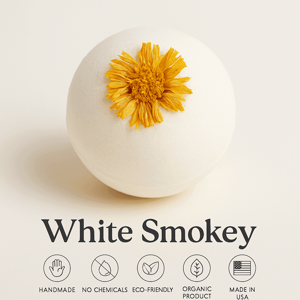 Close-up of White Smokey handmade organic bath bomb with marigold petals – eco-friendly, no chemicals, made in USA – ecobeaut.com