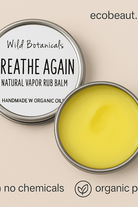Close-up of Wild Botanicals Breathe Again balm in silver tin – organic vapor rub with no chemicals from ecobeaut.com