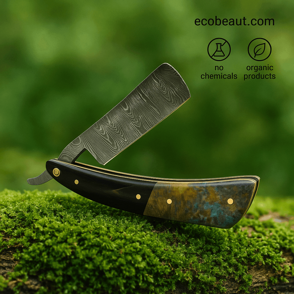 Close-up of a Damascus steel straight razor with a multicolored handle resting on lush green moss, showcasing artisanal craftsmanship with branding ecobeaut.com in the top corner.