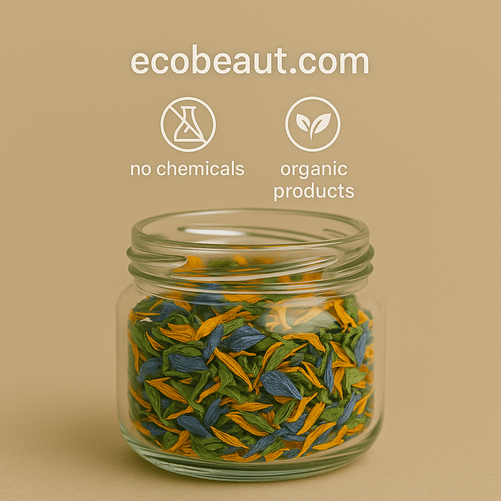 Close-up of a clear glass jar filled with colorful organic herbs on beige background – ecobeaut.com, no chemicals, organic products