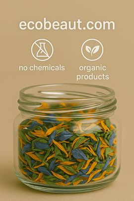 Close-up of a clear glass jar filled with colorful organic herbs on beige background – ecobeaut.com, no chemicals, organic products