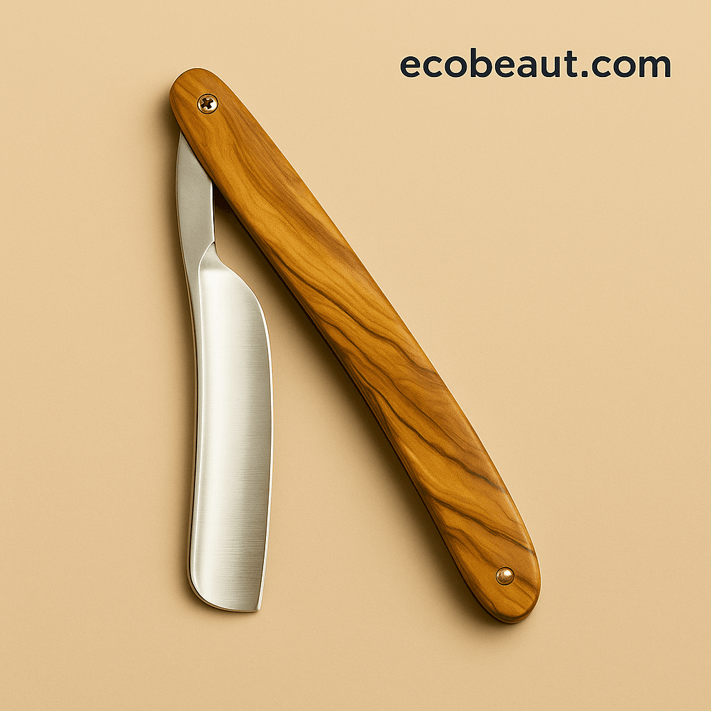 Close-up of a curved straight razor with wooden handle on neutral background – ecobeaut.com