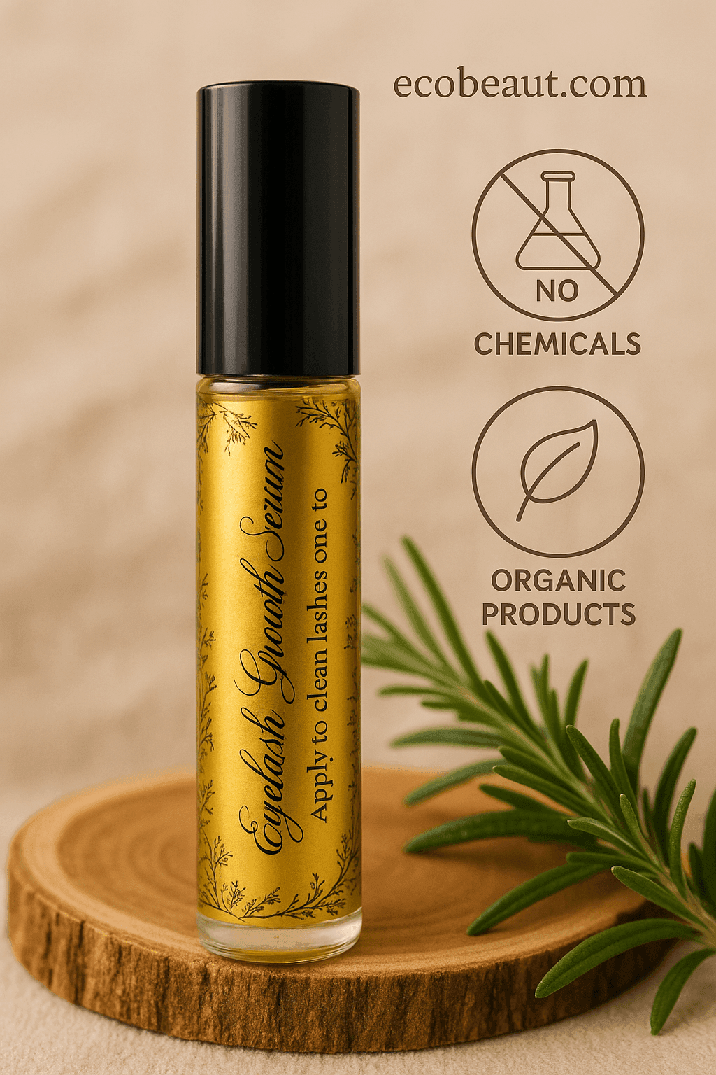 Close-up of a golden eyelash growth serum bottle from ecobeaut.com on a beige background, labeled with "no chemicals" and "organic products" icons in the top right corner.
