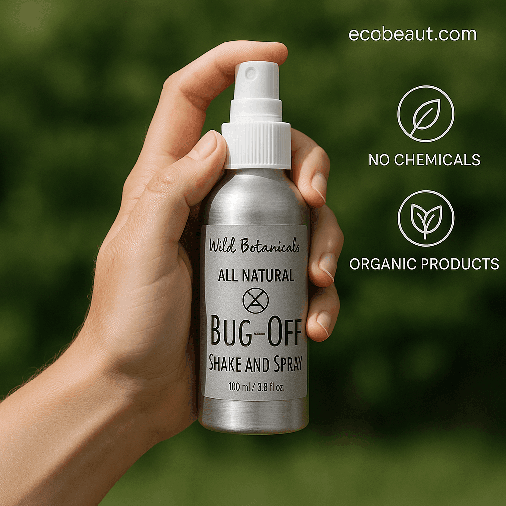Close-up of a hand holding a Bug-Off Shake and Spray aluminum bottle outdoors, with no chemicals and organic products labels and ecobeaut.com shown in the top right corner.
