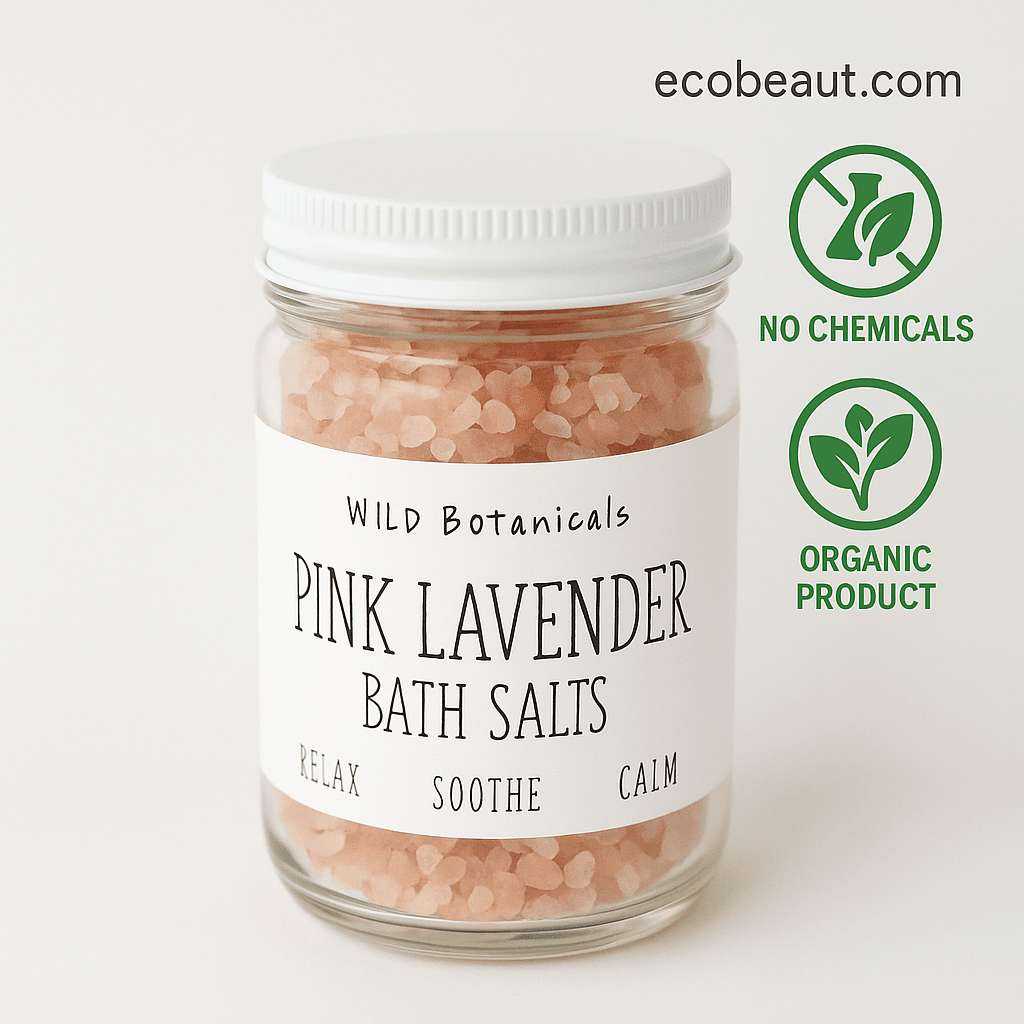 Close-up of a jar of Pink Lavender Bath Salts on a neutral background with no chemicals and organic product icons – ecobeaut.com