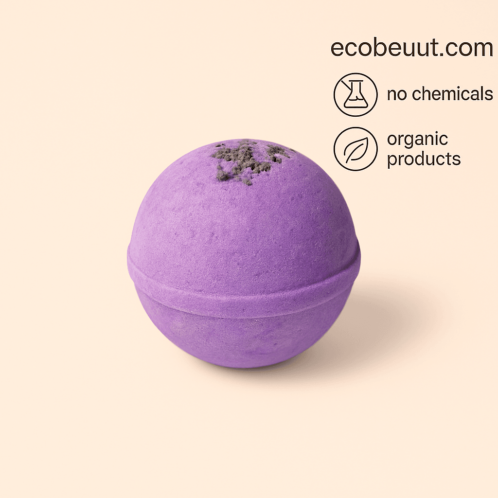 Close-up of a lavender-colored bath bomb with dried herbs, on peach background with eco-friendly labels — handmade and natural by ecobeaut.com
