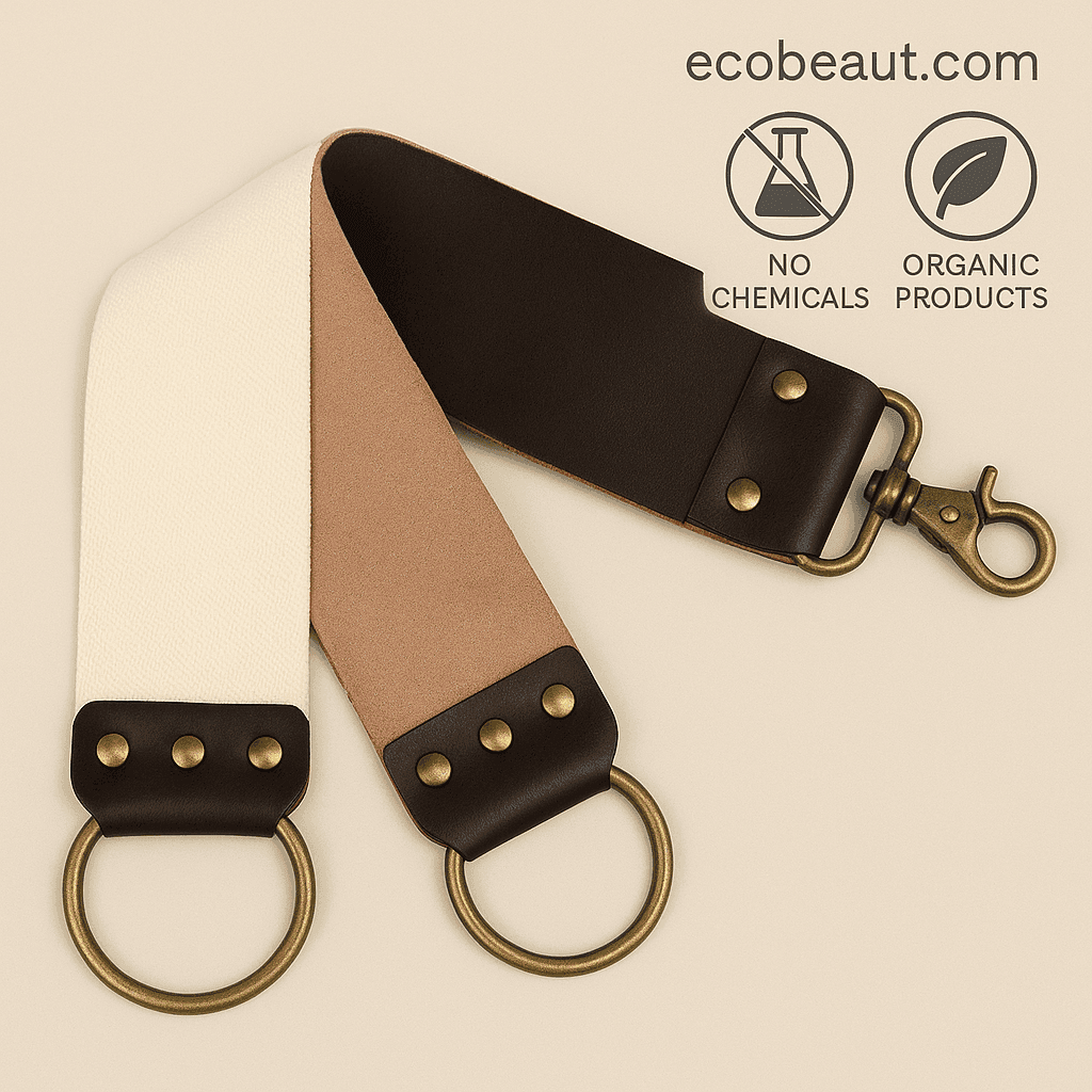 Close-up of a leather and canvas straight razor strop featuring brass hardware, displayed on a soft beige background with eco-friendly icons and ecobeaut.com branding in the top-right corner.