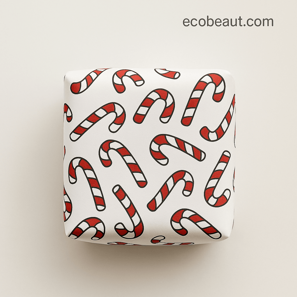 Close-up of a peppermint stick bath bomb cube with candy cane wrapping on a neutral background – ecobeaut.com