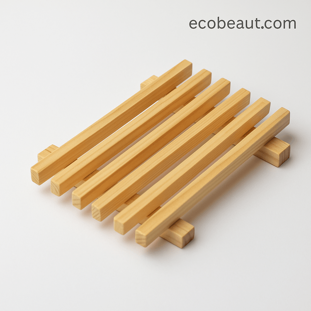 Close-up of a rectangular wooden soap dish on a white background — minimalist and eco-conscious design. ecobeaut.com