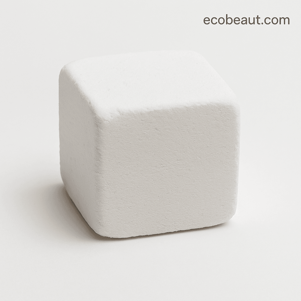 Close-up of a single white shower steamer cube with smooth surface on a light background, ecobeaut.com