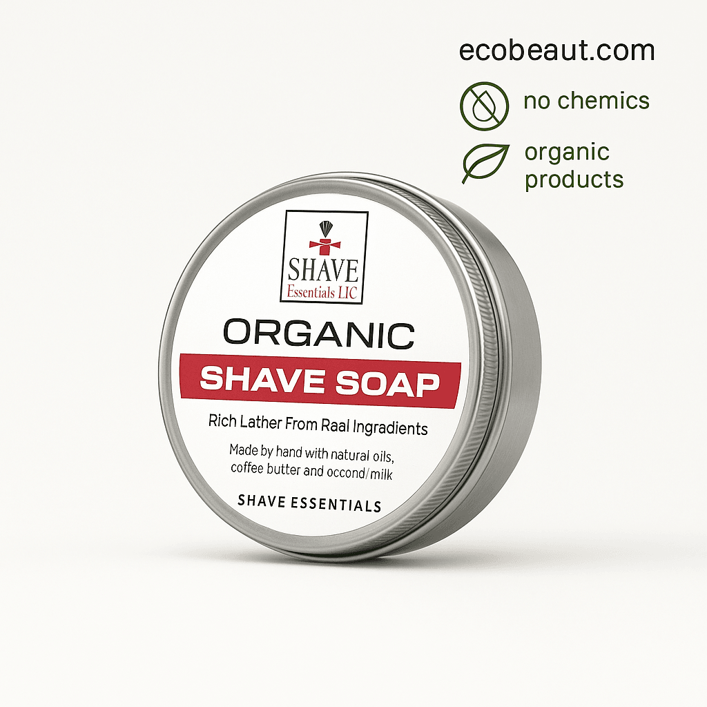 Close-up of a tin of Shave Essentials Organic Shave Soap on a white background, with bold red and black label highlighting natural formulation, next to eco-friendly icons and ecobeaut.com branding.