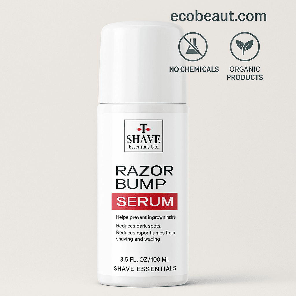 Close-up of a white Shave Essentials Razor Bump Serum bottle against a clean, gray background, highlighting its benefits like ingrown hair prevention and razor bump relief, with ecobeaut.com and eco-friendly icons above.