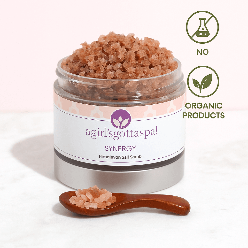 Synergy Himalayan Salt Body Scrub – Detoxify, Exfoliate & Hydrate Naturally in a clear jar with wooden spoon.