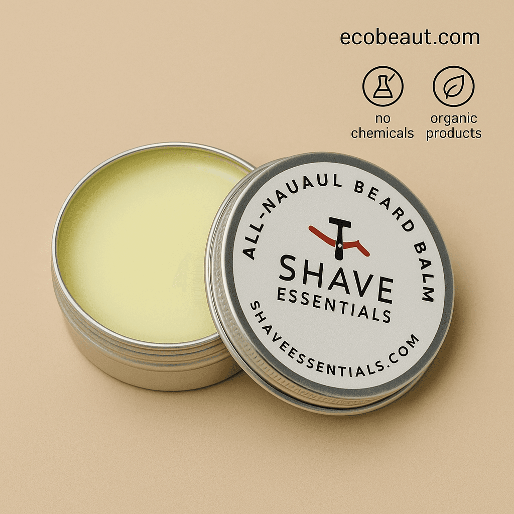 Close-up of an open tin of Shave Essentials All-Natural Beard Balm on a beige background, showing creamy balm texture and labeled lid, with ecobeaut.com and eco-friendly icons above.