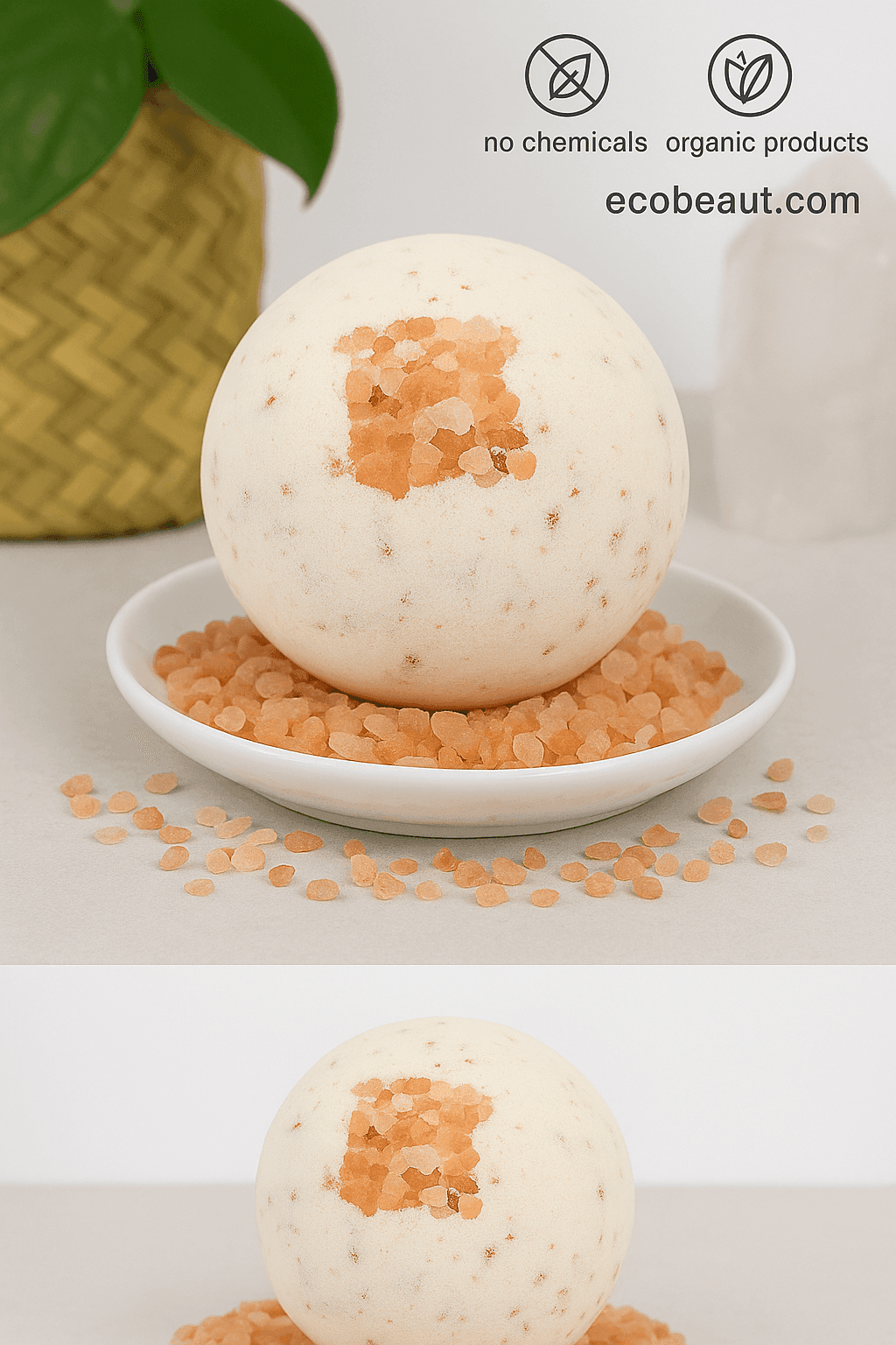 Close-up of an organic detox bath bomb with Himalayan pink salt on a neutral background – ecobeaut.com, no chemicals, organic products