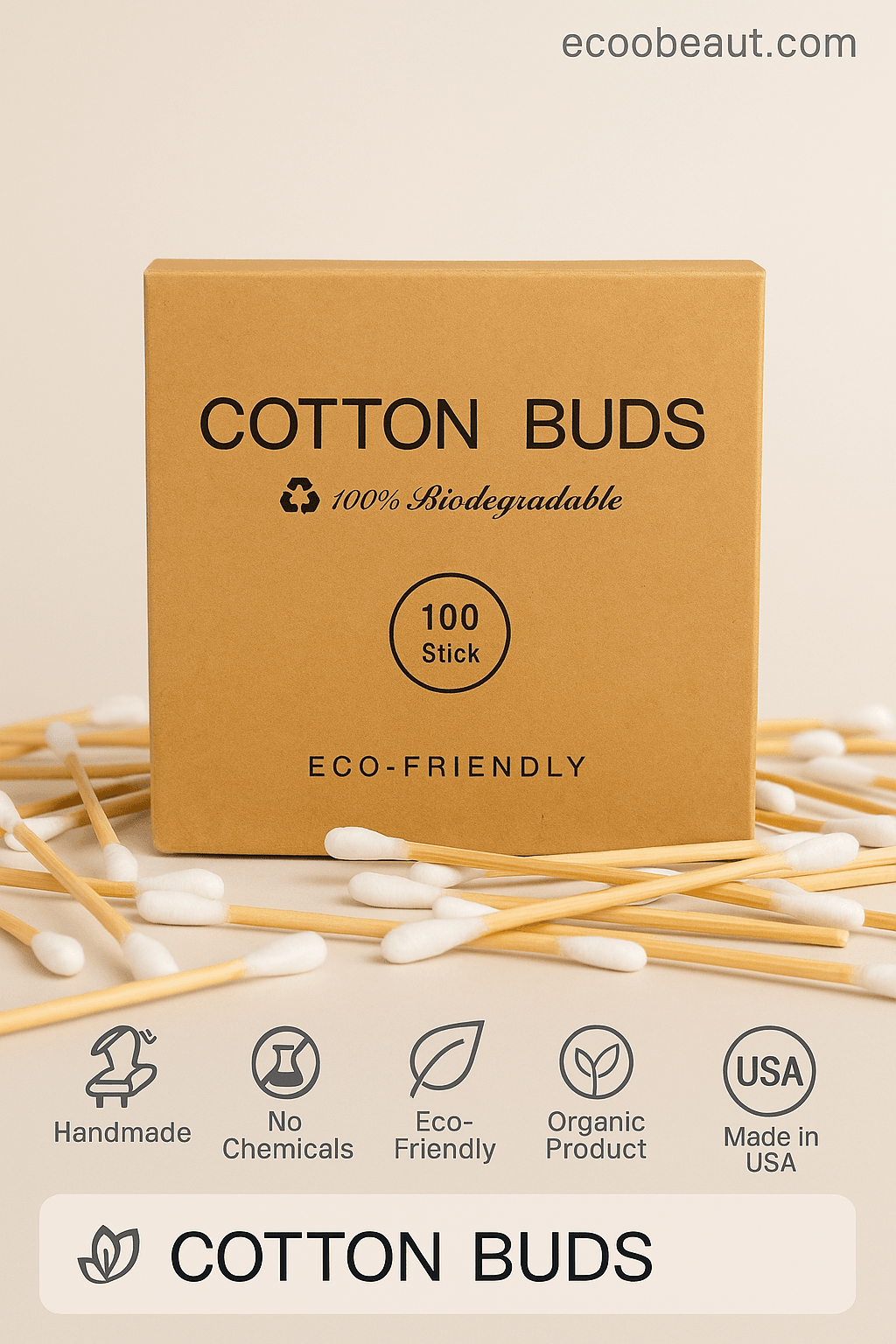 Close-up of biodegradable cotton buds in eco-friendly kraft packaging – zero waste and handmade, featured on ecobeaut.com