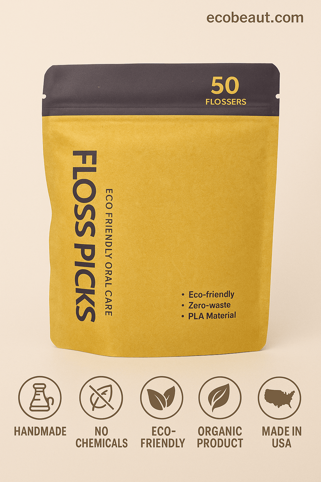 Close-up of biodegradable floss picks packaging – zero-waste, eco-friendly oral care, handmade in the USA – ecobeaut.com