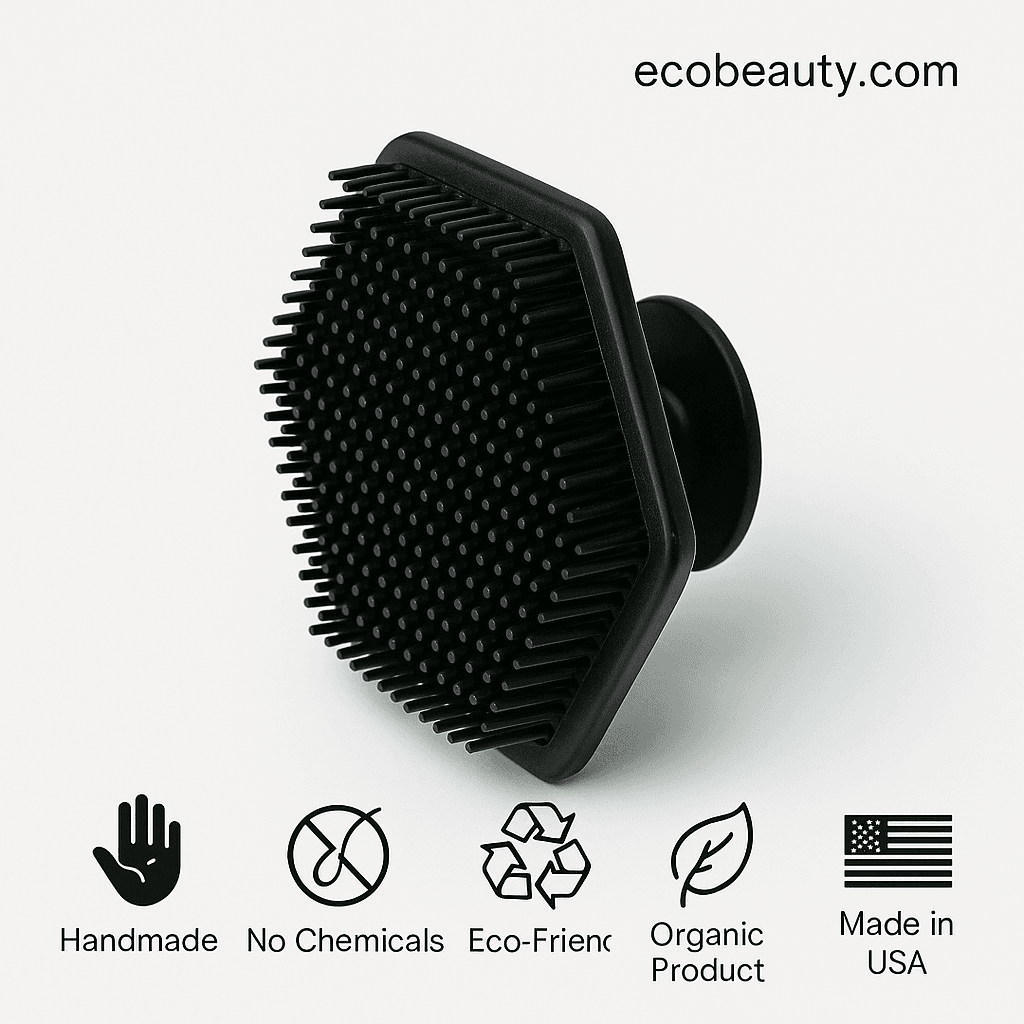 Close-up of black silicone face scrubber on neutral background — Handmade, No Chemicals, Eco-Friendly, Organic Product, Made in USA, ecobeaut.com