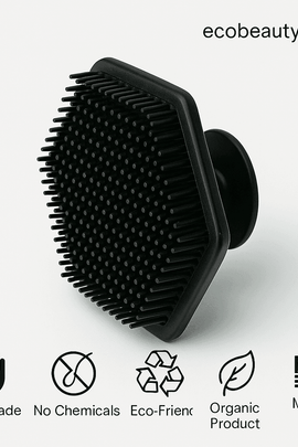 Close-up of black silicone face scrubber on neutral background — Handmade, No Chemicals, Eco-Friendly, Organic Product, Made in USA, ecobeaut.com