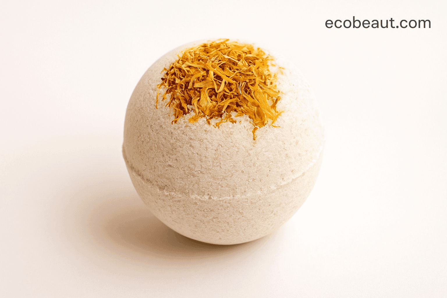 Close-up of calendula bath bomb with golden flower petals on a soft beige background, minimal and clean, ecobeaut.com