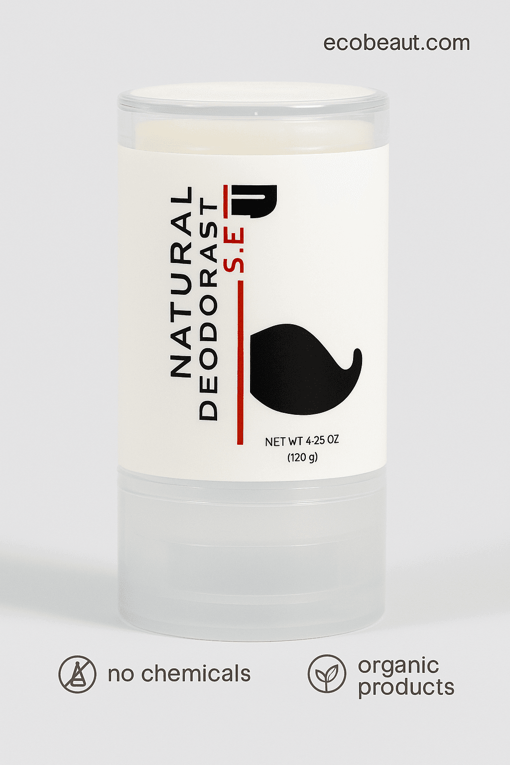 Close-up of clear plastic tube of Natural Deodorant by S.E. with mustache icon and clean label – ecobeaut.com, no chemicals, organic products