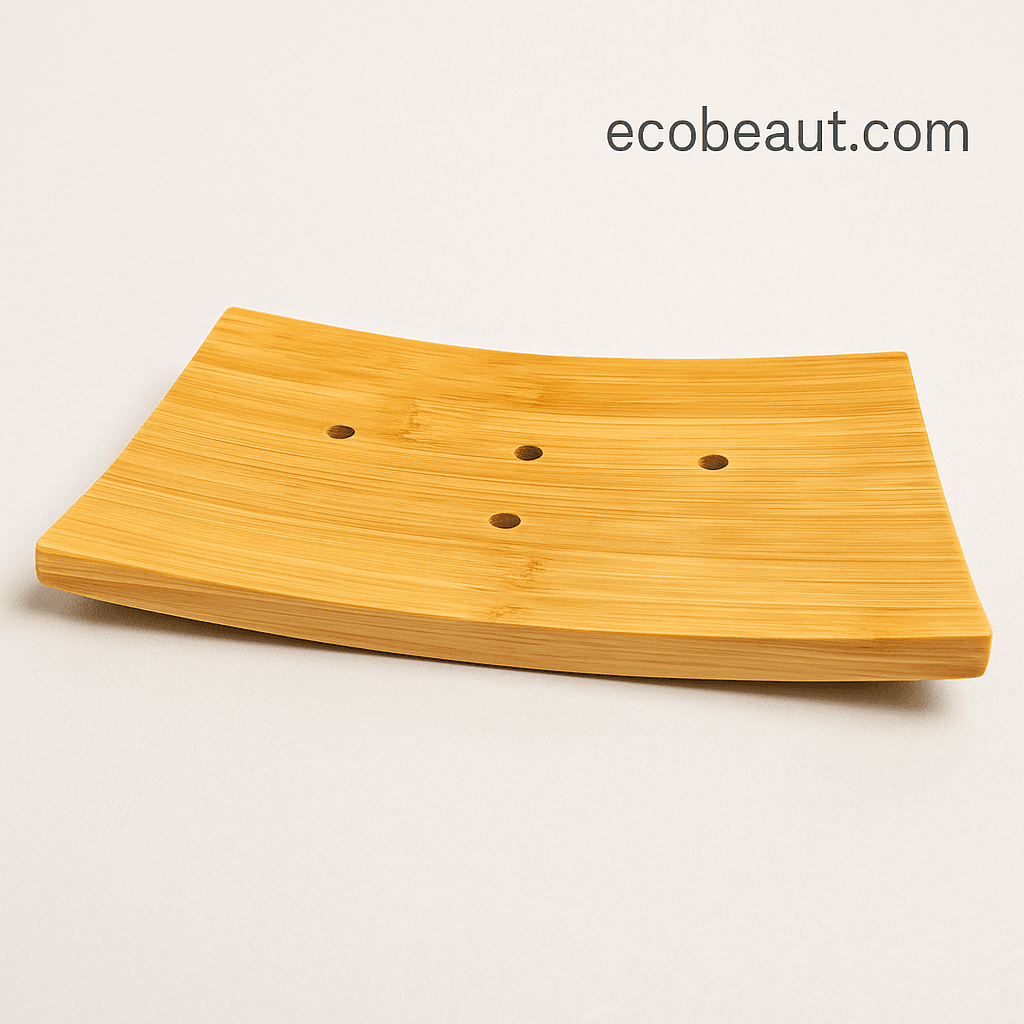 Close-up of curved bamboo soap dish with five drainage holes on off-white background – minimalist eco accessory by ecobeaut.com