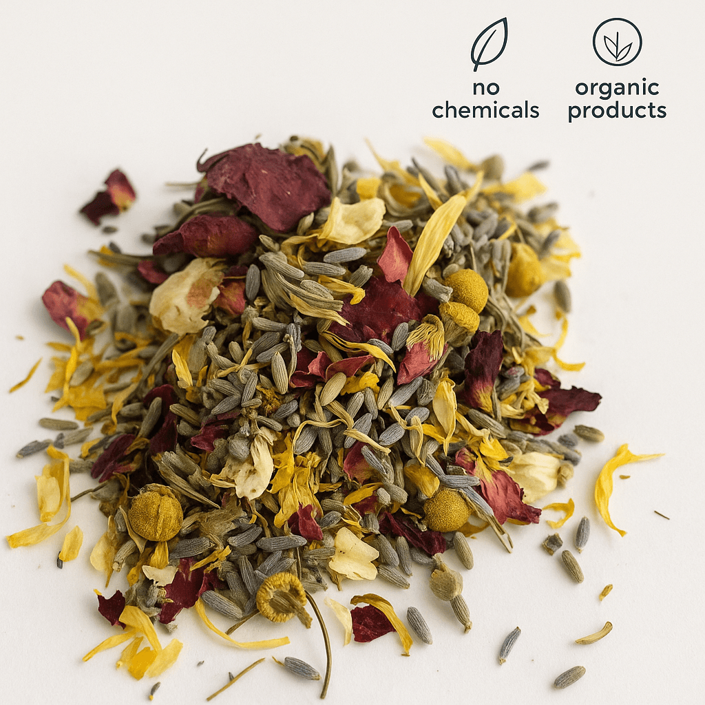 Close-up of dried organic herbal blend for sitz baths – chamomile, lavender, and calendula petals from ecobeaut.com