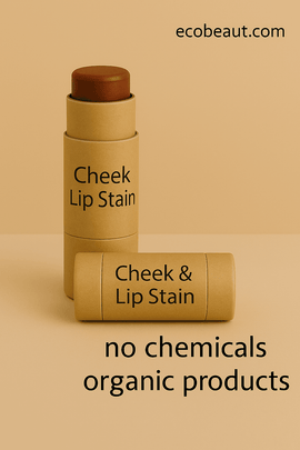 Close-up of eco-friendly Cheek & Lip Stain tubes made from kraft paper on a warm beige background, featuring bold product labels. The image includes the website "ecobeaut.com" in the top right corner and clean icons with text "no chemicals" and "organic products" at the bottom.








