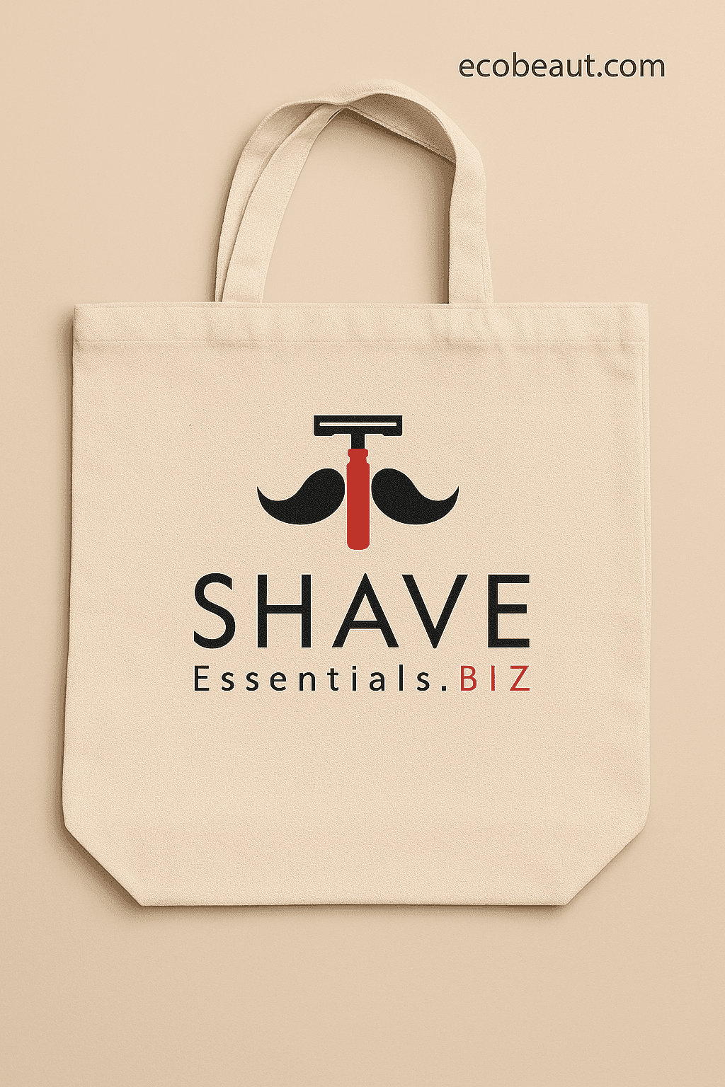 Close-up of eco-friendly SHAVE Essentials.BIZ cotton tote bag – organic beige bag with mustache and razor print, perfect for sustainable skincare kits – ecobeaut.com branding
