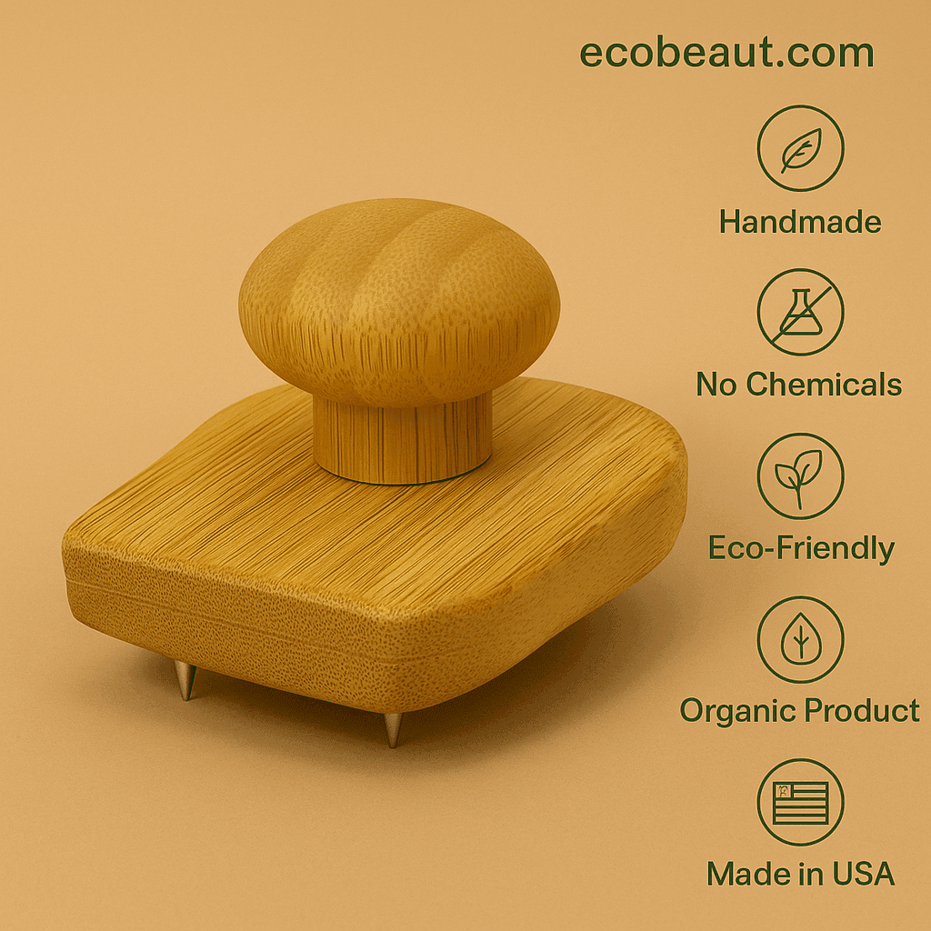 Close-up of eco-friendly handmade bamboo scalp massager with ergonomic handle – Made in USA, ecobeaut.com