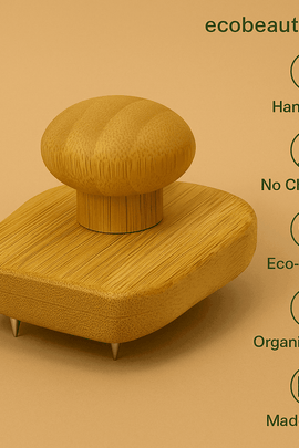 Close-up of eco-friendly handmade bamboo scalp massager with ergonomic handle – Made in USA, ecobeaut.com