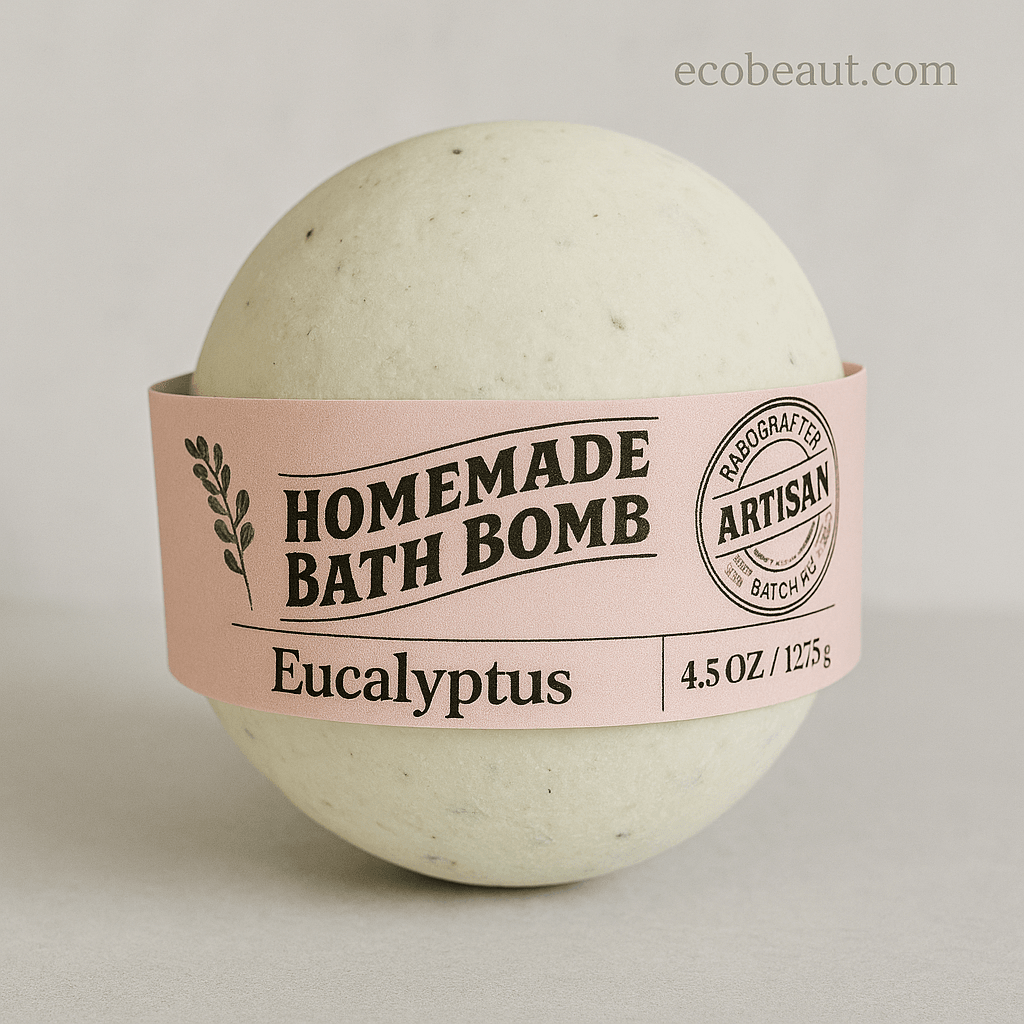 Close-up of eucalyptus-scented handmade bath bomb with speckled surface and elegant pink label on light gray background, ecobeaut.com