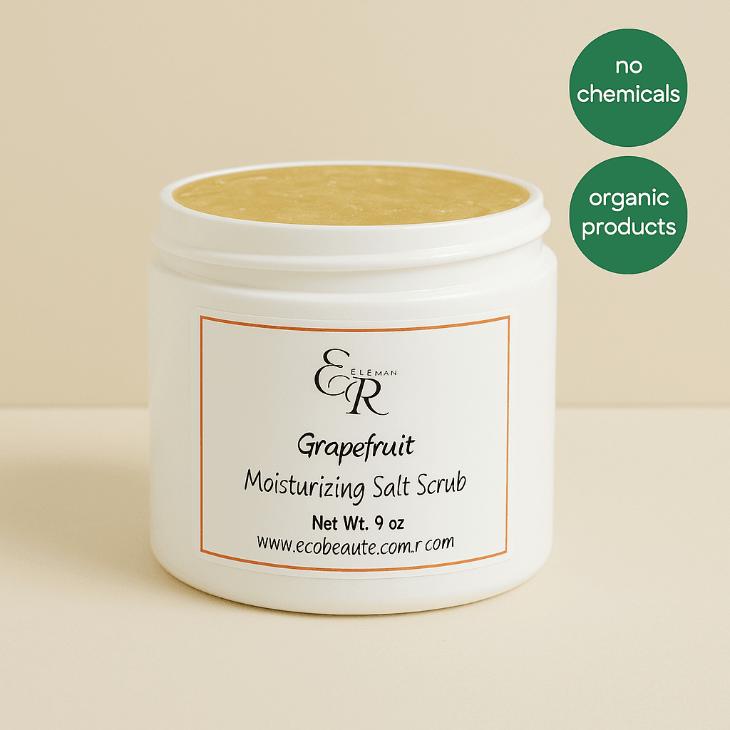 Close-up of grapefruit moisturizing salt scrub jar with golden texture on soft beige background – clean beauty, no chemicals, organic skincare, ecobeaut.com